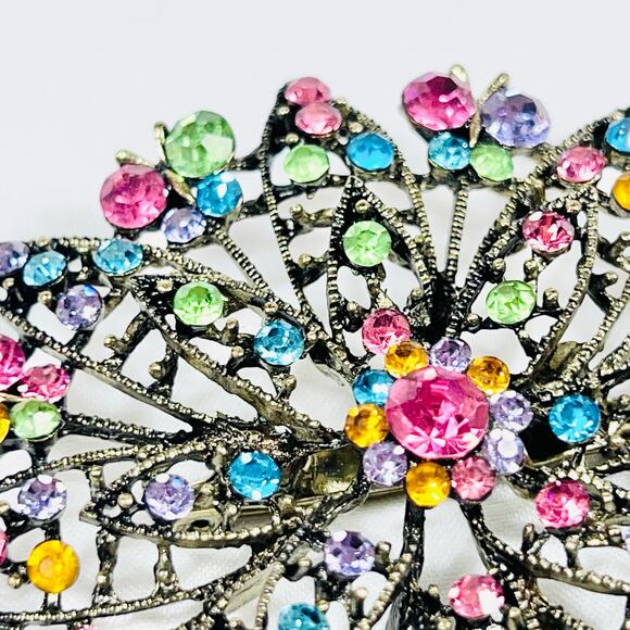 Round Flower Floral Bouquet Sash Brooch Pin Multicolor Rhinestones Bronze Toned - Picture 5 of 8